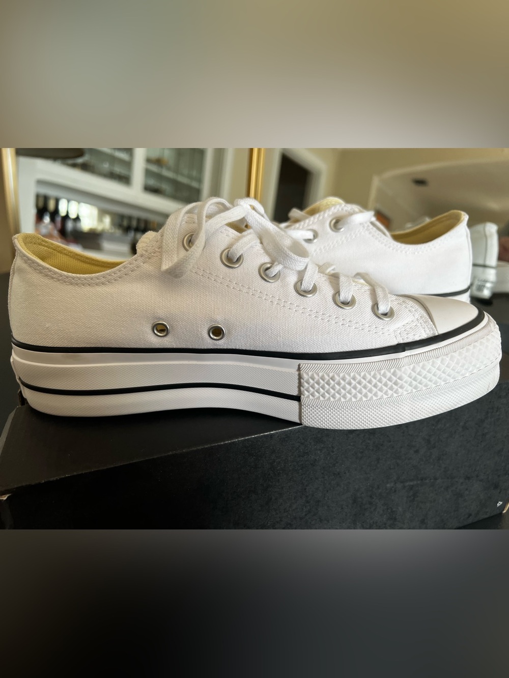 Converse White Low-Top Platform Canvas Sneakers with Black Trim - Picture 6 of 12